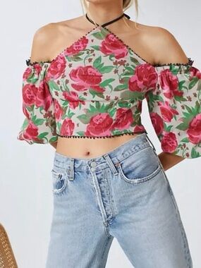 Anthropologie Pink & Green Floral Halter Off-Shoulder Crop Top